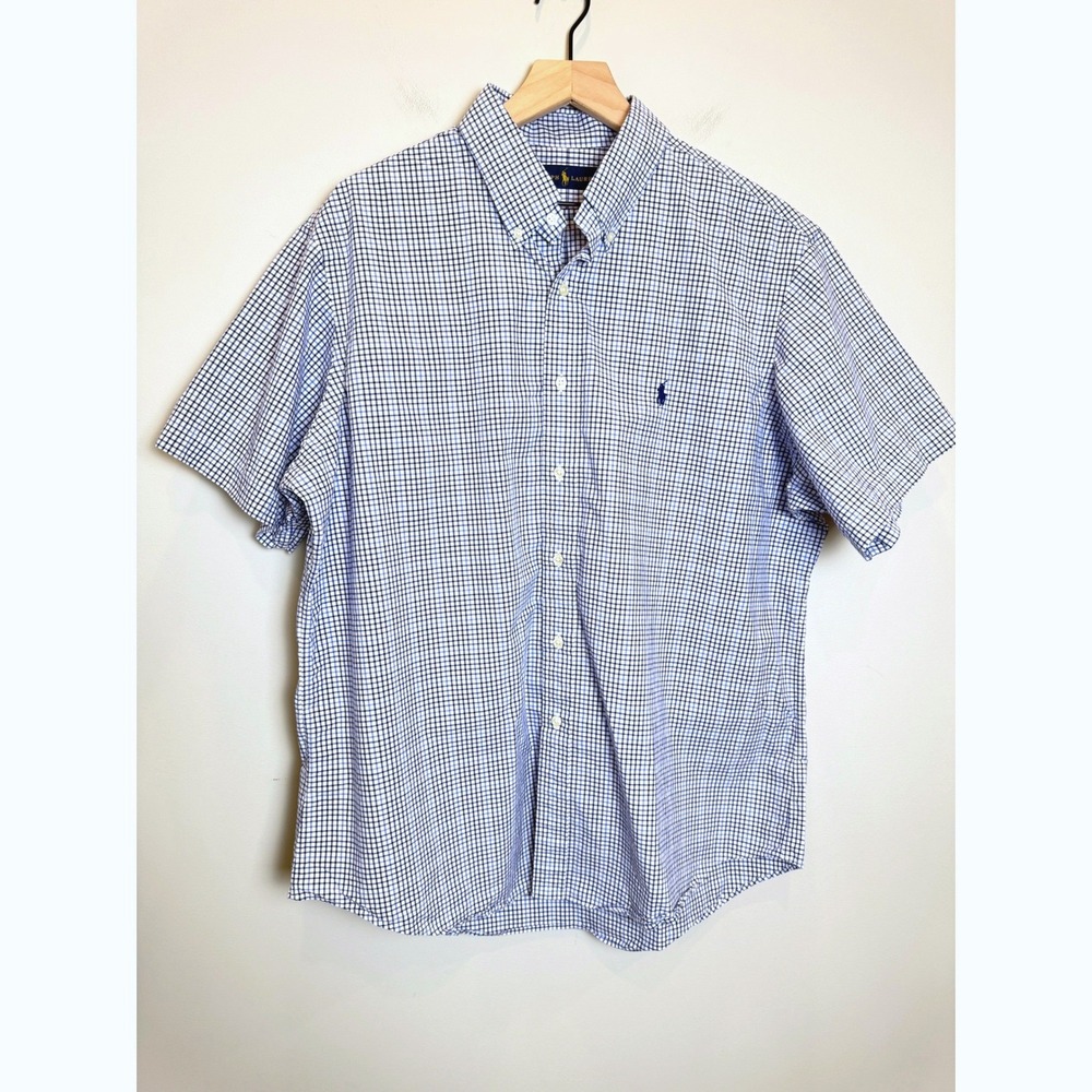 Ralph Lauren Button Down Short Sleeve Shirt 100% Cotton Blue Plaid XL Men Preppy